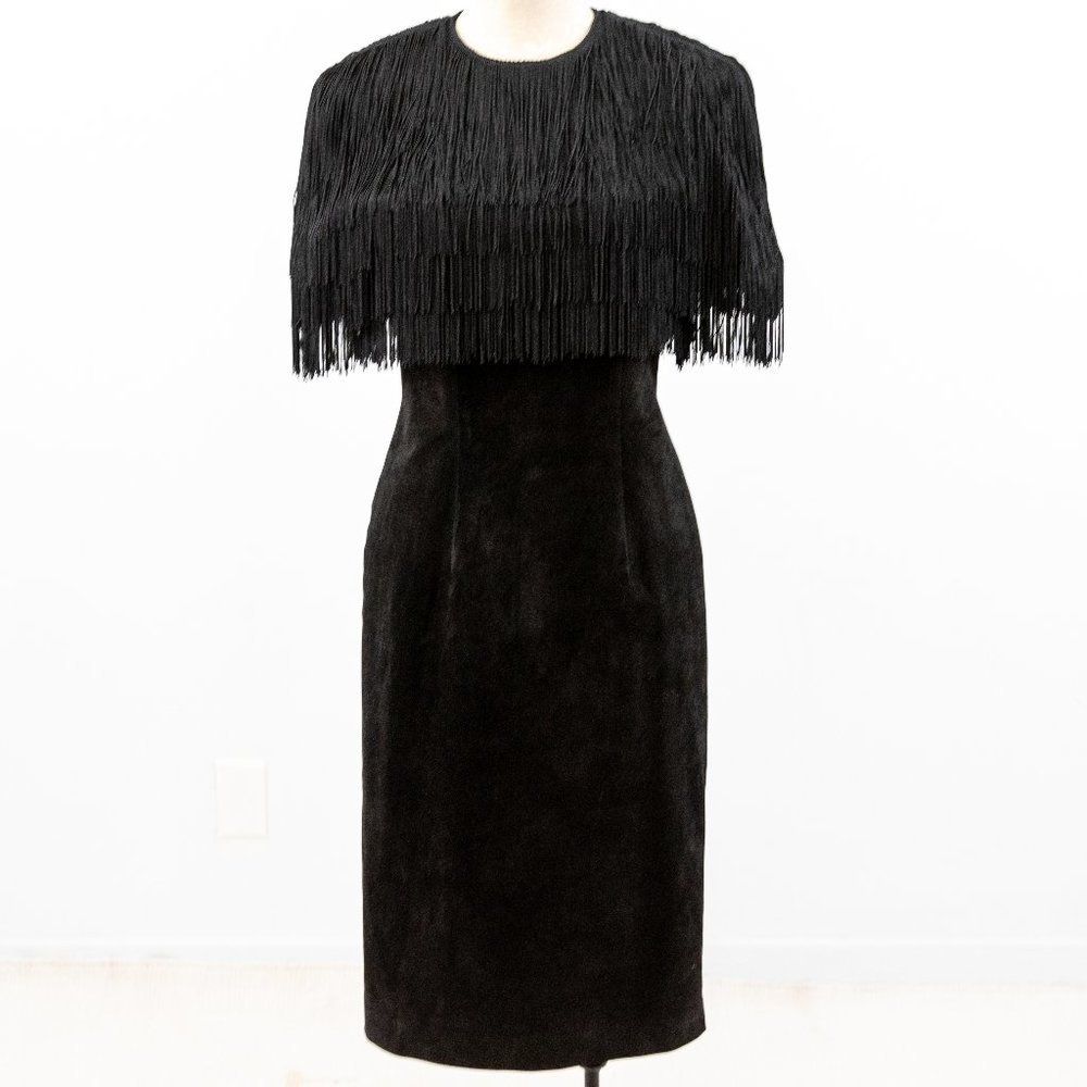 Vintage S/M Fringe Suede Leather Midi Dress Black